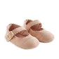 Pink scallop pram shoes with open strap and ruffled collar