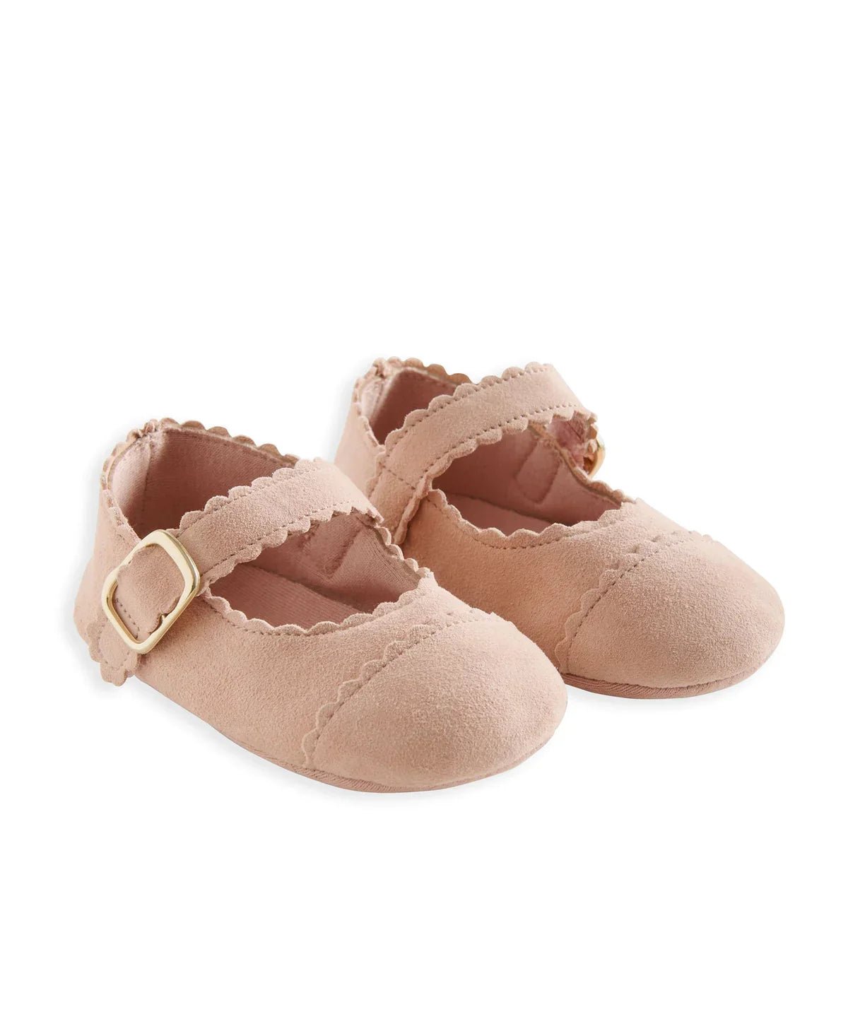 Pink scallop pram shoes with open strap and ruffled collar