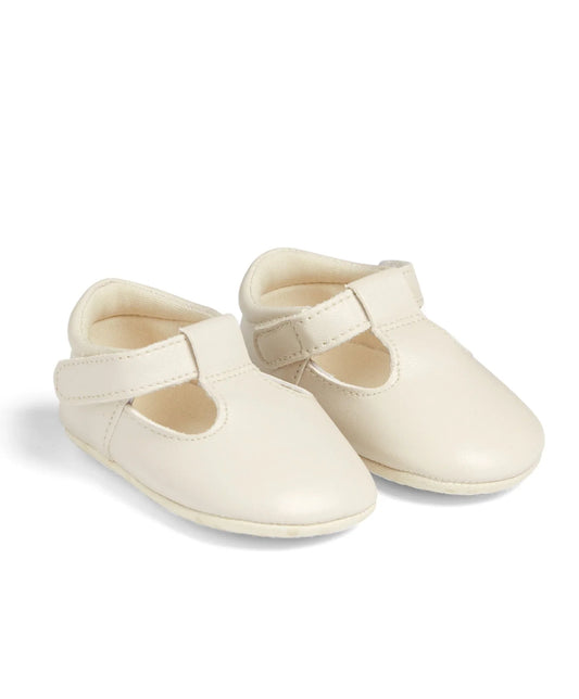 White T-bar pram shoes with strap detail and soft sole