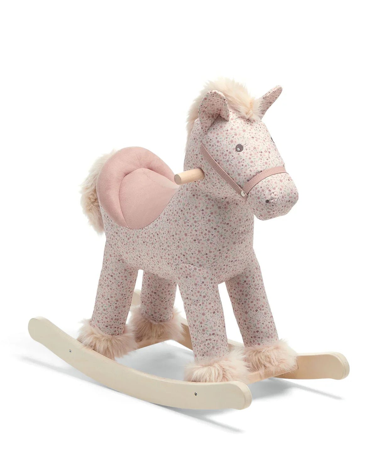 Plush rocking horse with ditsy floral fabric, fluffy pink mane, wooden rockers