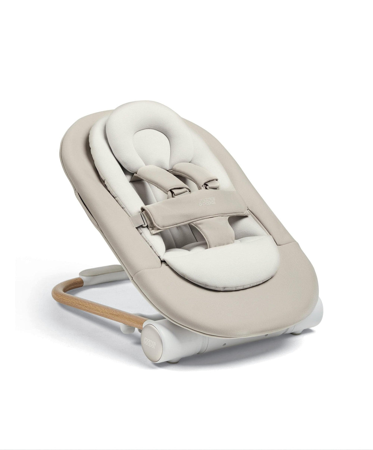 Beige cashmere baby bouncer seat, padded headrest and safety harness