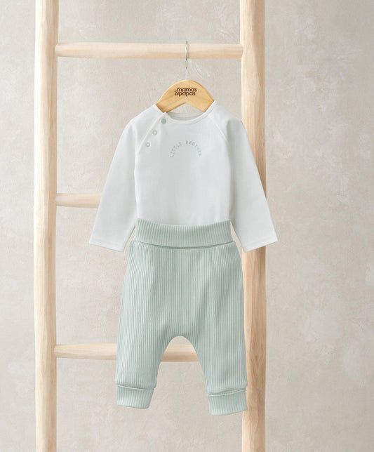 Baby bodysuit and pants set: white long-sleeve bodysuit with snaps, light mint pants