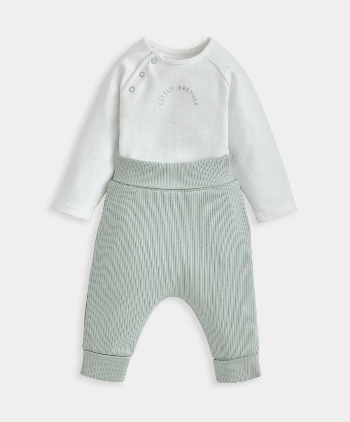 Baby bodysuit and light mint pants set, white top with button placket and ribbed cuffs