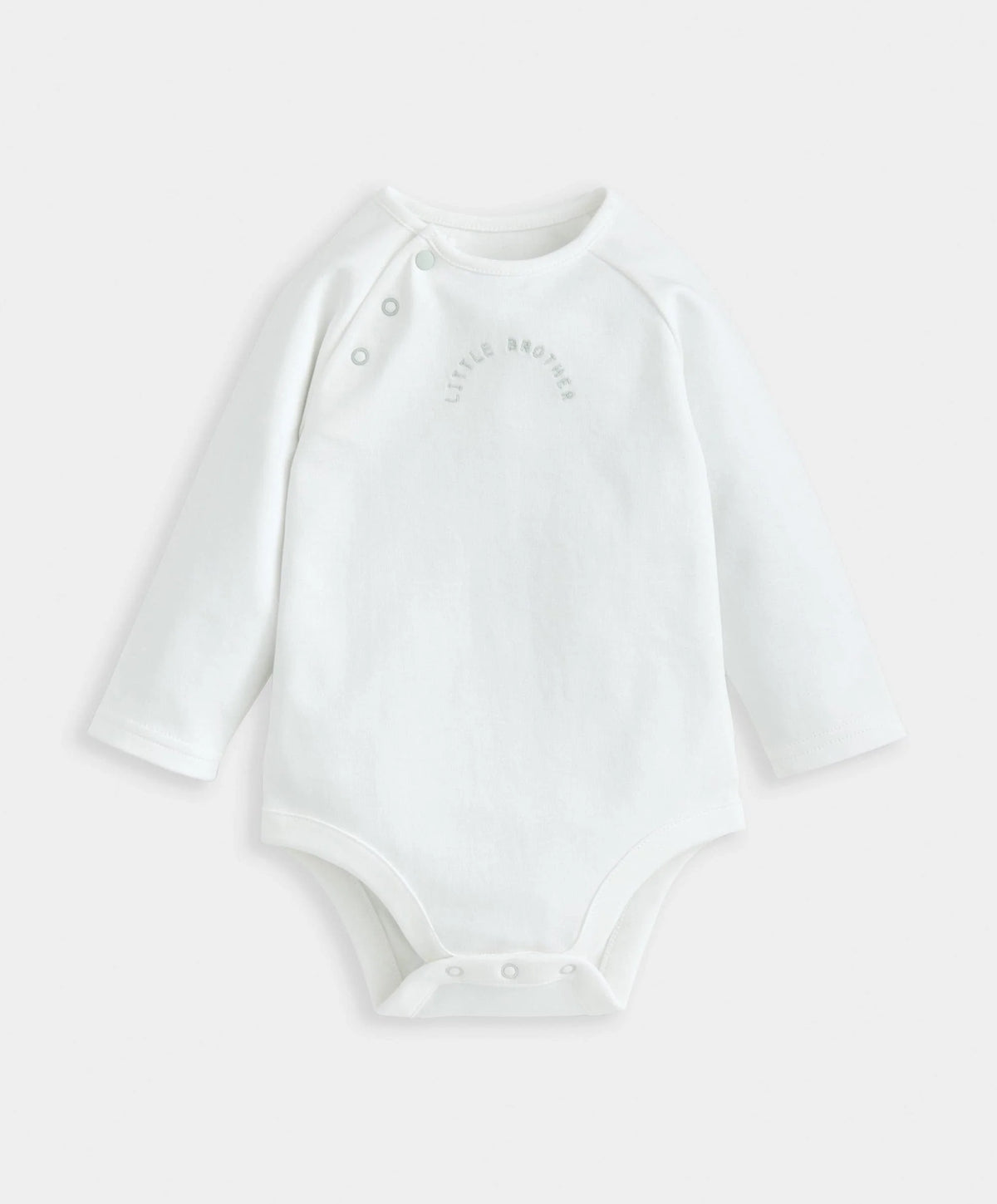 White long-sleeve baby bodysuit with snap closures at legs and small chest print