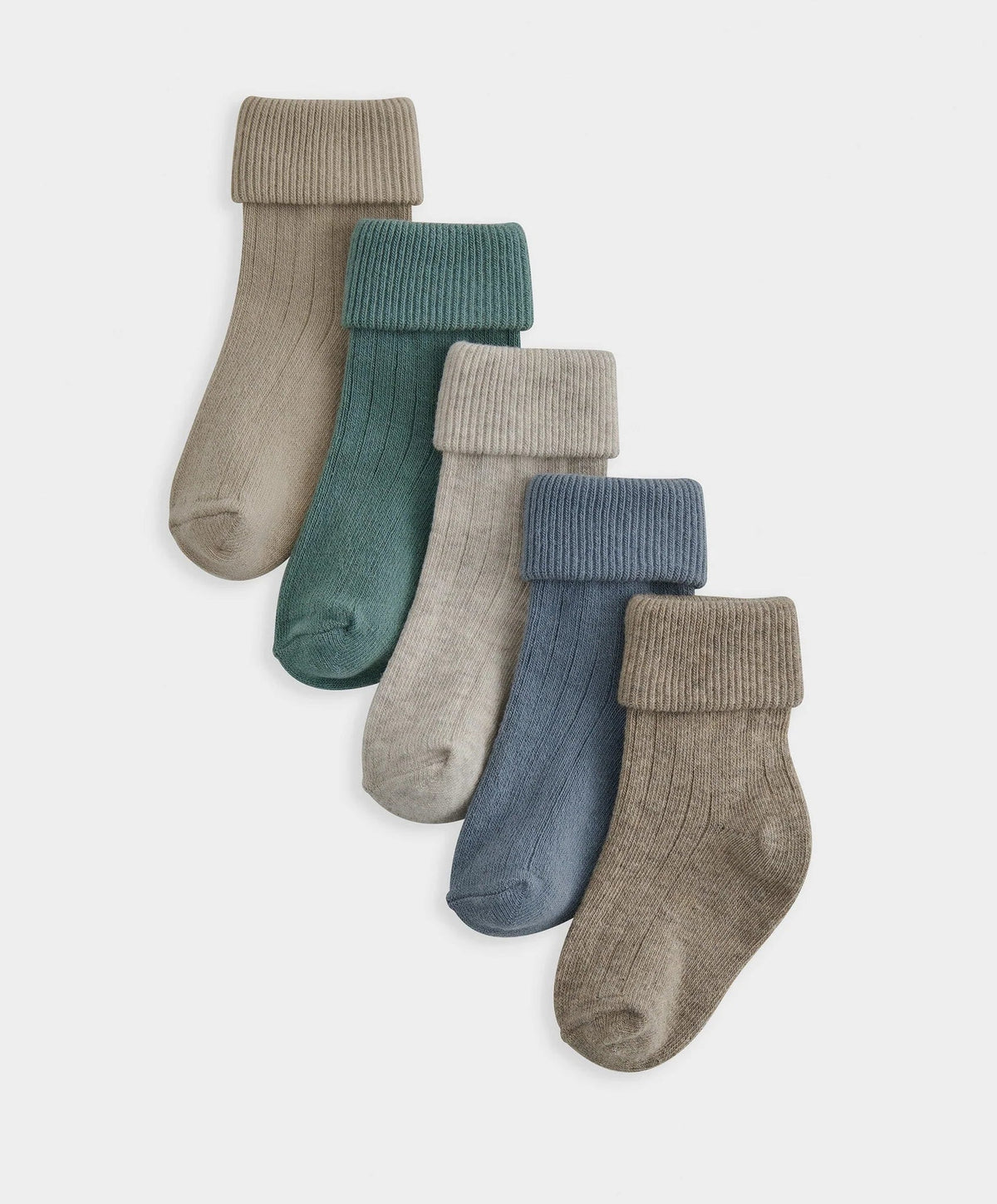 Ribbed crew socks 5-pack in taupe, teal, light gray, and dark blue tones
