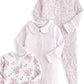 Pack of 3 long-sleeve sleepsuits: white floral, pale pink, and pink ditsy print