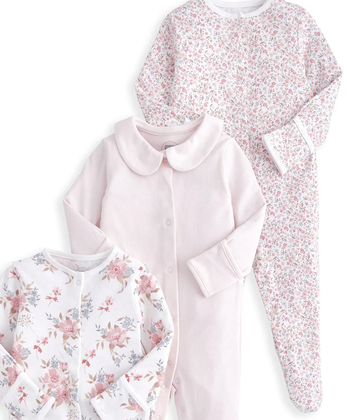Pack of 3 long-sleeve sleepsuits: white floral, pale pink, and pink ditsy print