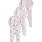 Pack of 3 long-sleeve sleepsuits: white floral, pale pink button front, and pink ditsy