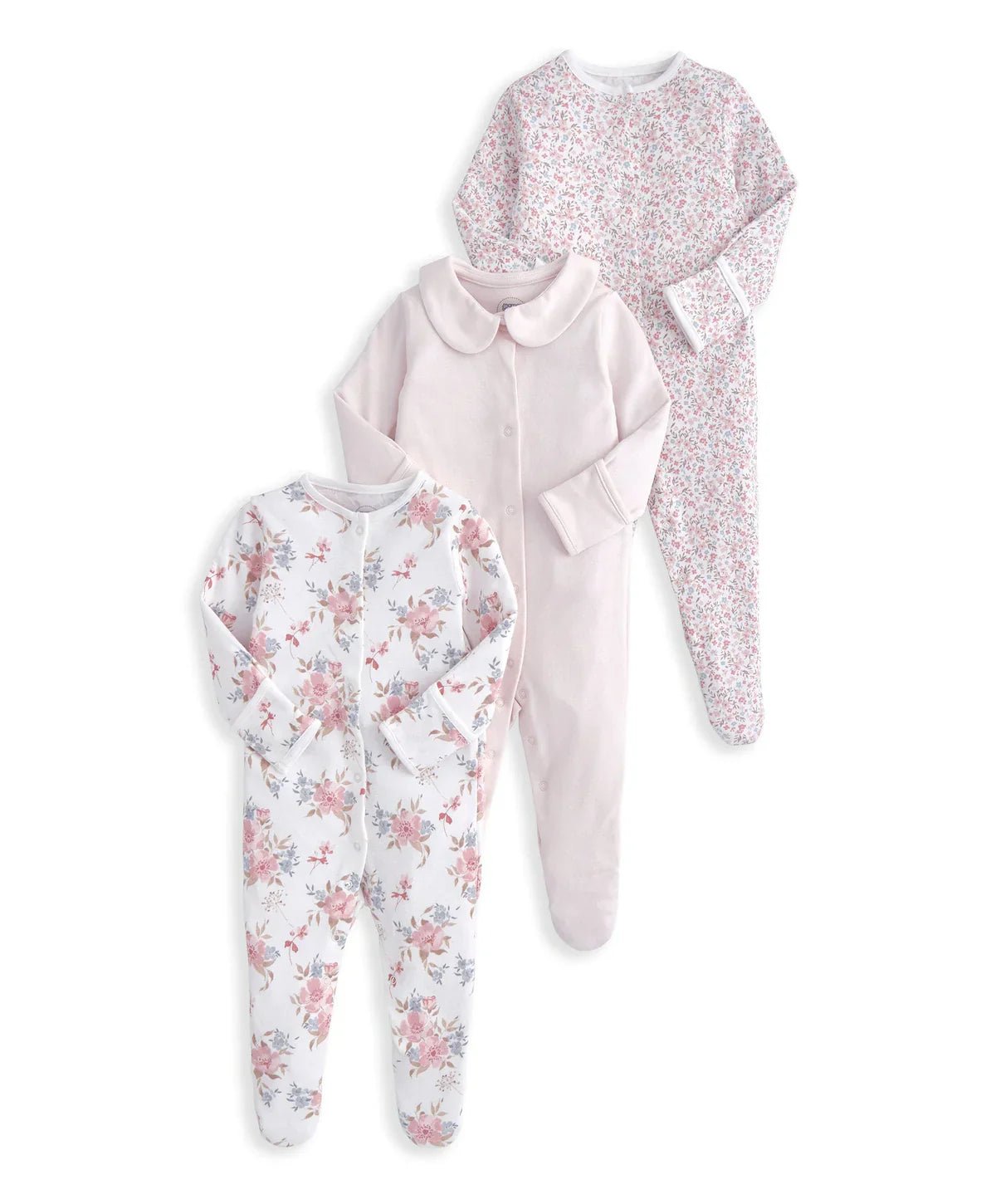 Pack of 3 long-sleeve sleepsuits: white floral, pale pink button front, and pink ditsy