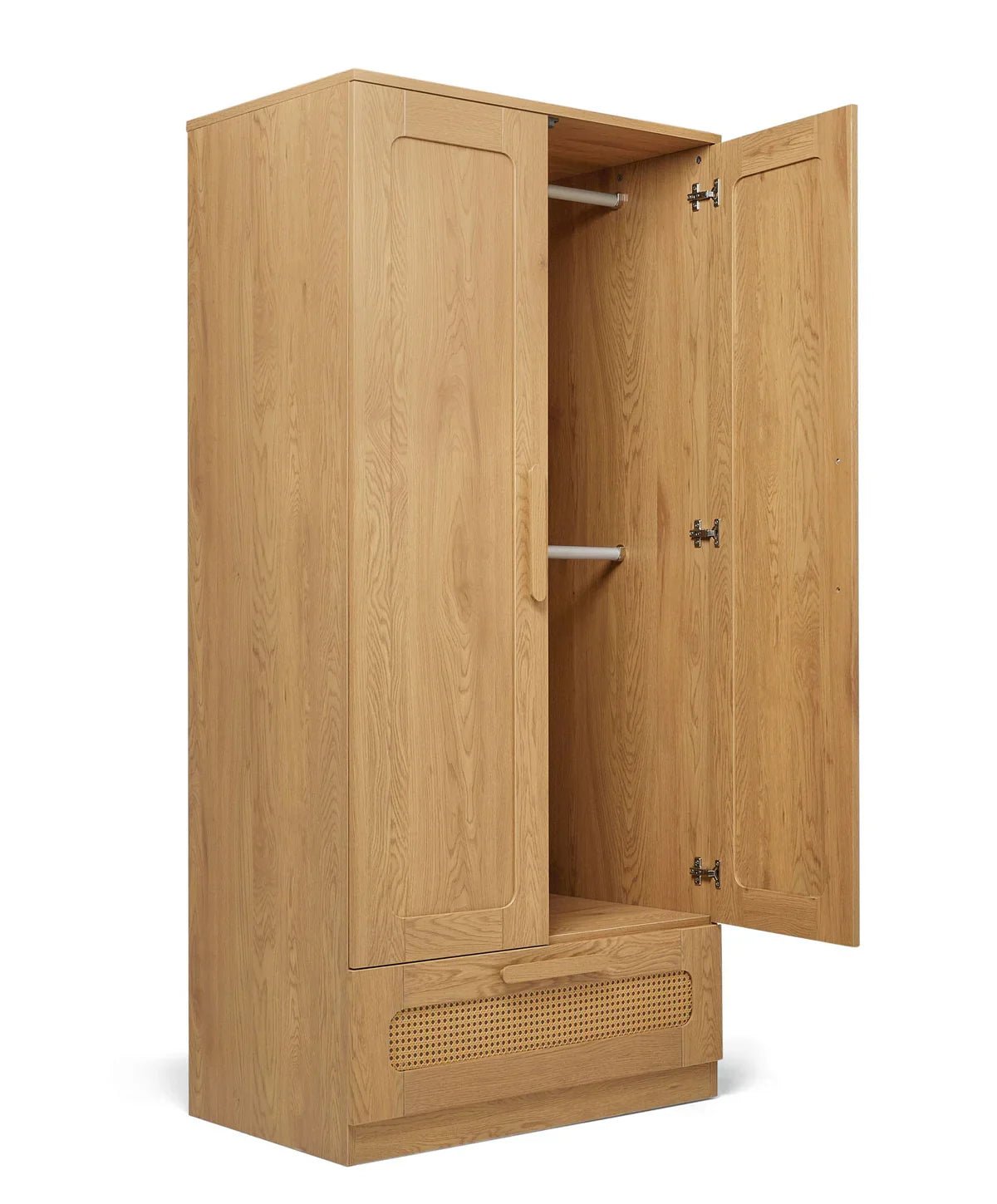 Rattan-style wardrobe with open doors and hanging rail inside