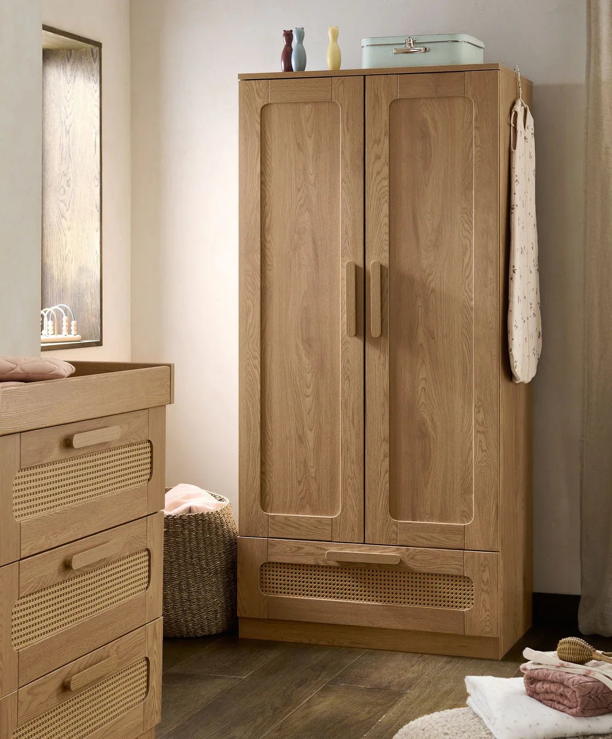 Rattan-style wardrobe with two doors and vented front drawer