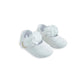 Light blue scalloped-edge ballet shoes with layered flower appliques on the toes