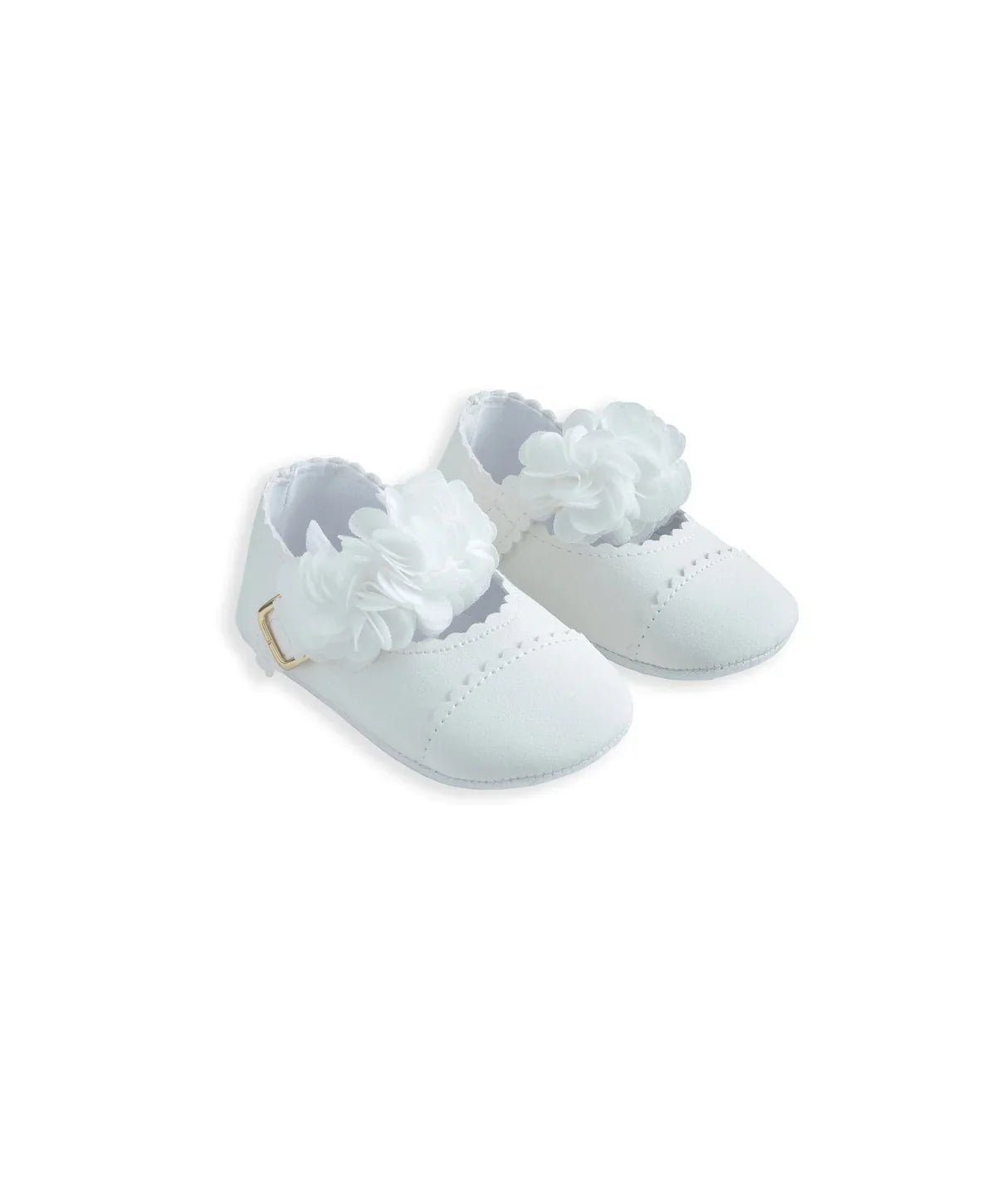 Light blue scalloped-edge ballet shoes with layered flower appliques on the toes