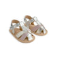 Metallic open-toe sandals with cross straps, pastel panels, and hook-and-loop closure