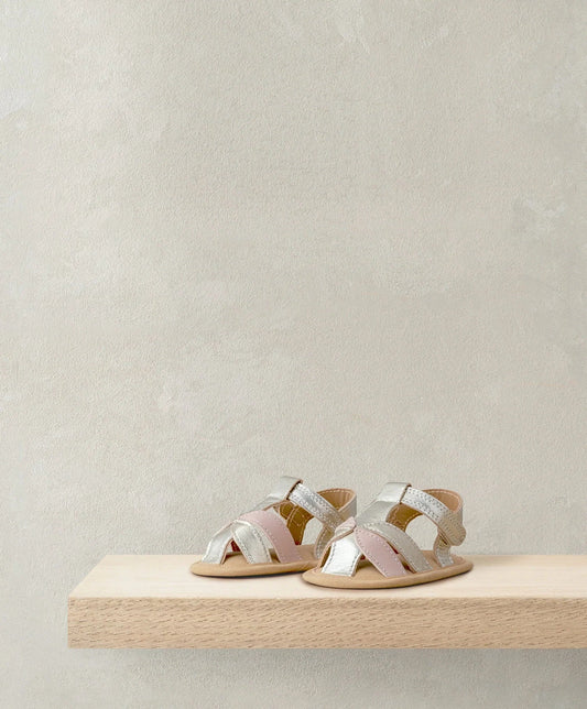 Metallic open-toe sandals with two hook-and-loop straps and cushioned footbed