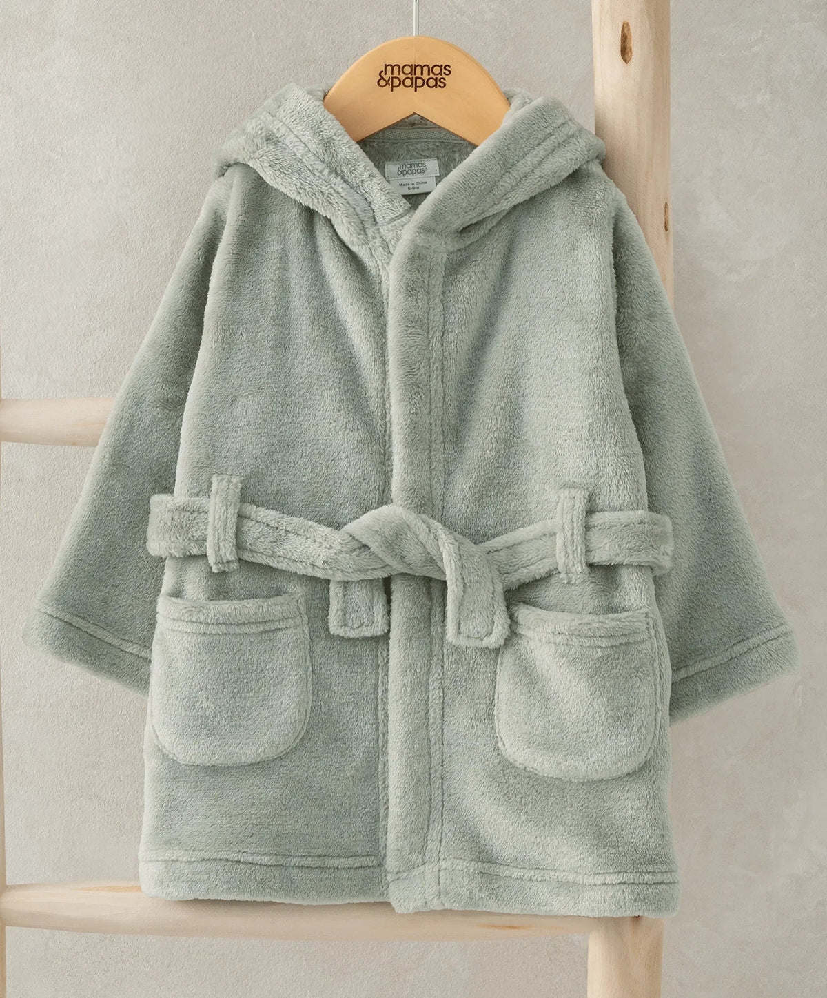 Mint green hooded dressing gown with tie belt and two front patch pockets