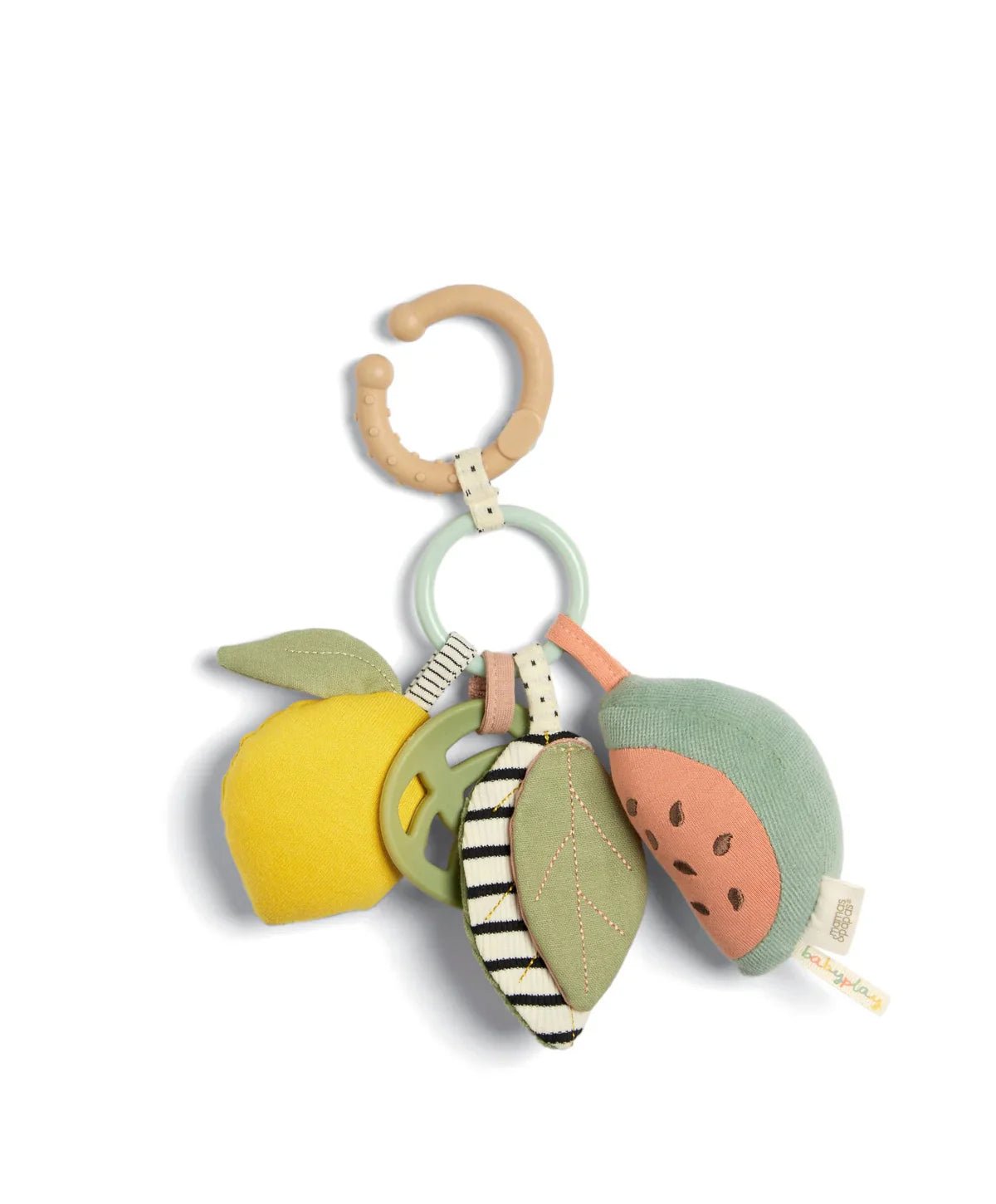 Fruit plush activity toy with link ring and striped leaf, watermelon and lime