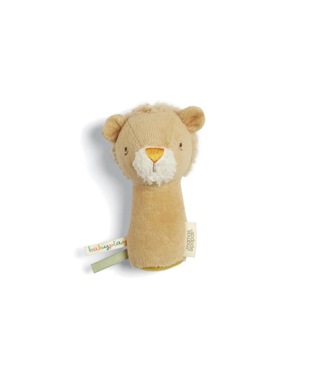 Lion mini rattle plush standing, tan fabric with white muzzle and yellow nose patch