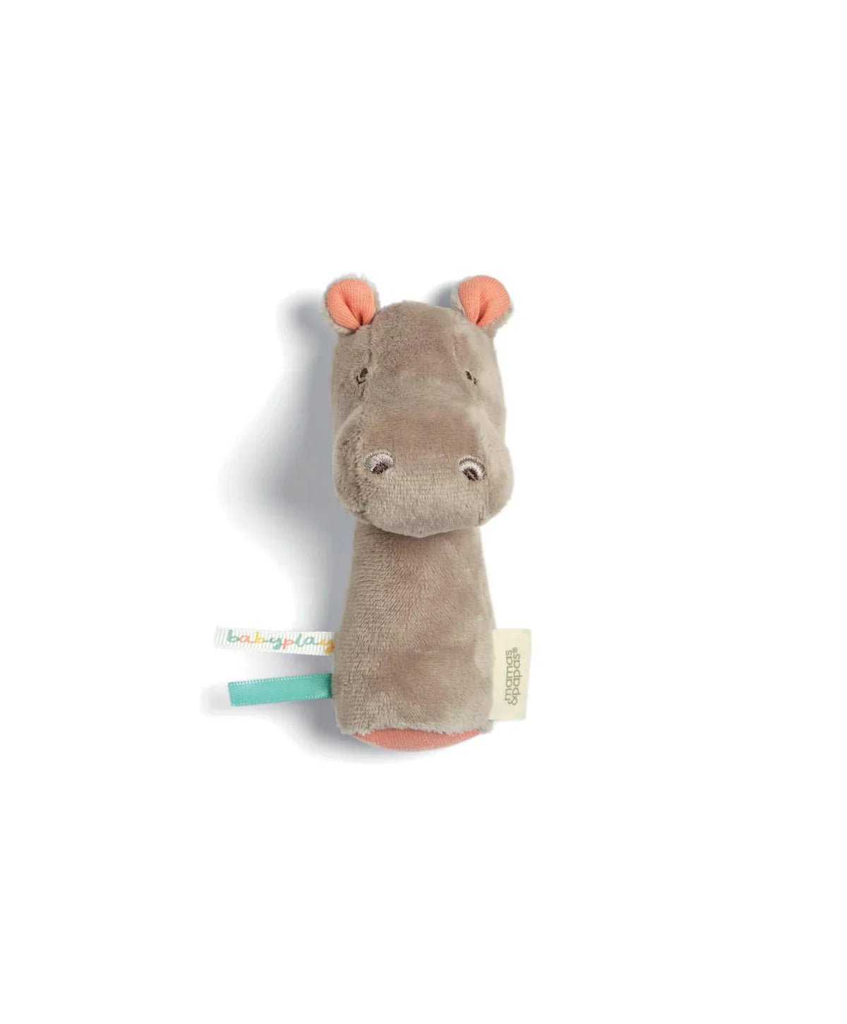 Gray plush hippo mini rattle with orange ears and attached sensory tags