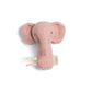 Pink elephant mini rattle plush with embroidered eyes and orange ribbon tag