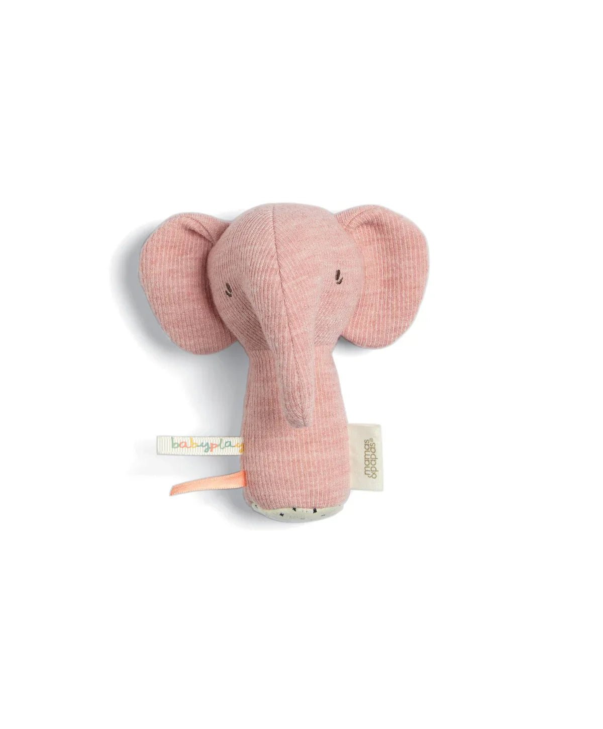 Pink elephant mini rattle plush with embroidered eyes and orange ribbon tag