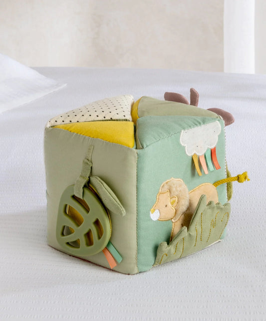 Fabric folding activity cube in mint and yellow with sewn learning panels