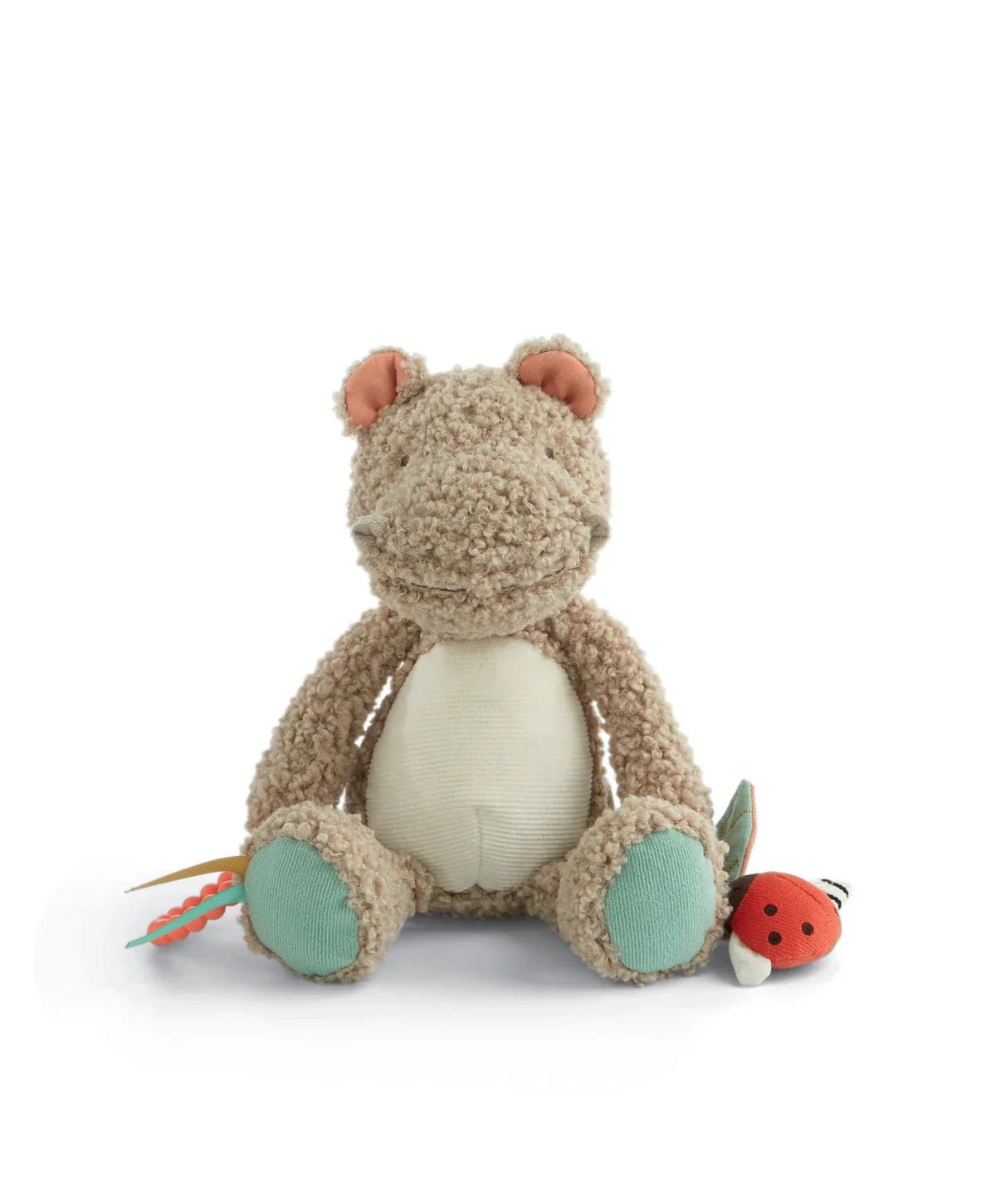 Plush activity toy hippo sitting upright, textured beige fur with mint feet