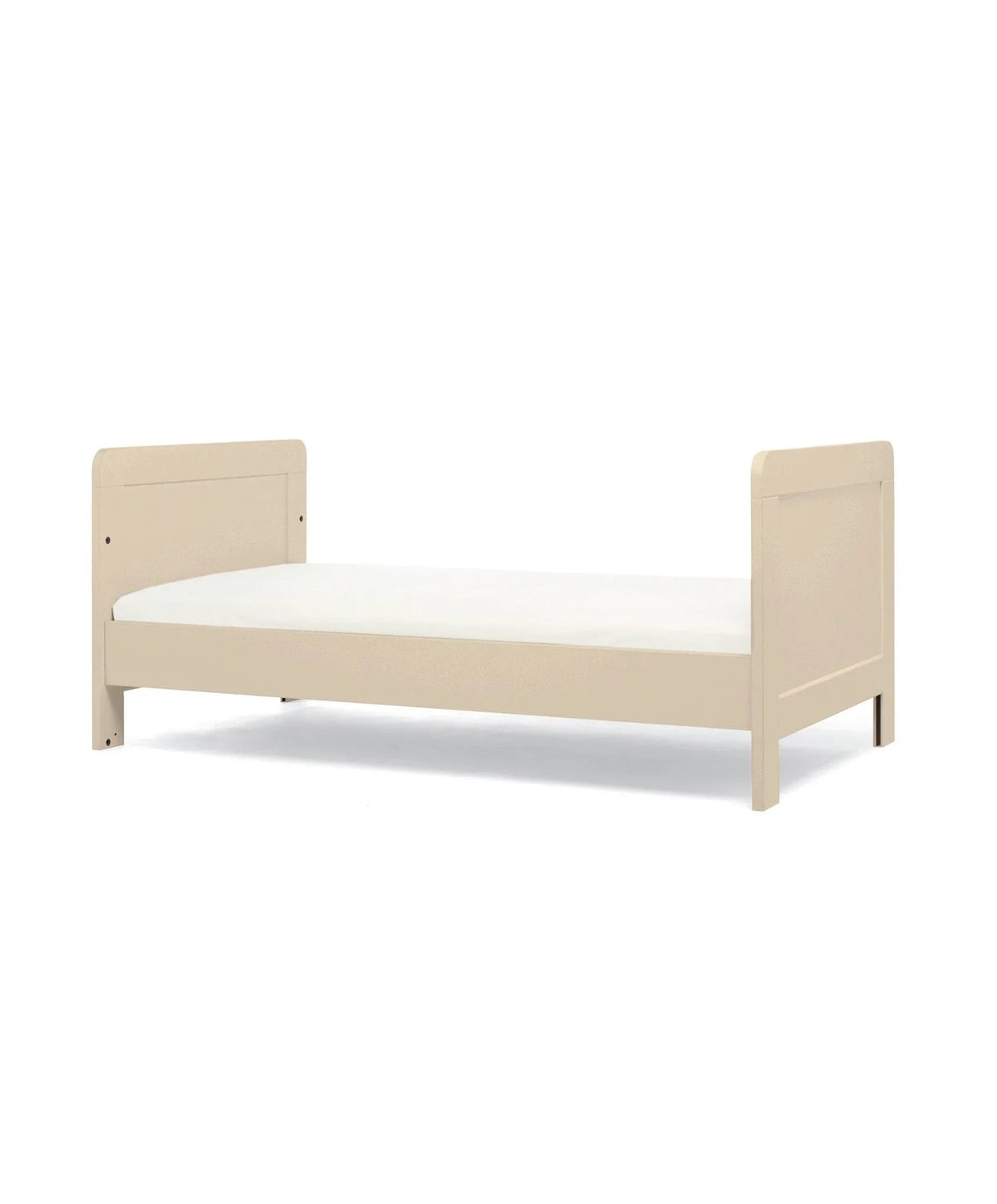 Cream cotbed bed frame with headboard and footboard, flat mattress base