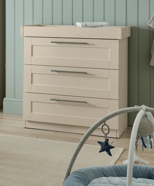 Hampden dresser changer with cream drawers, changing top tray, three metal pull handles