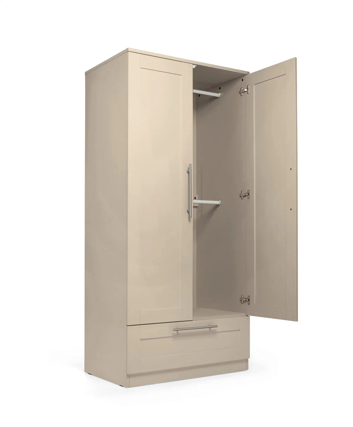 Cream cashmere wardrobe with open door, hanging rail, long side handle
