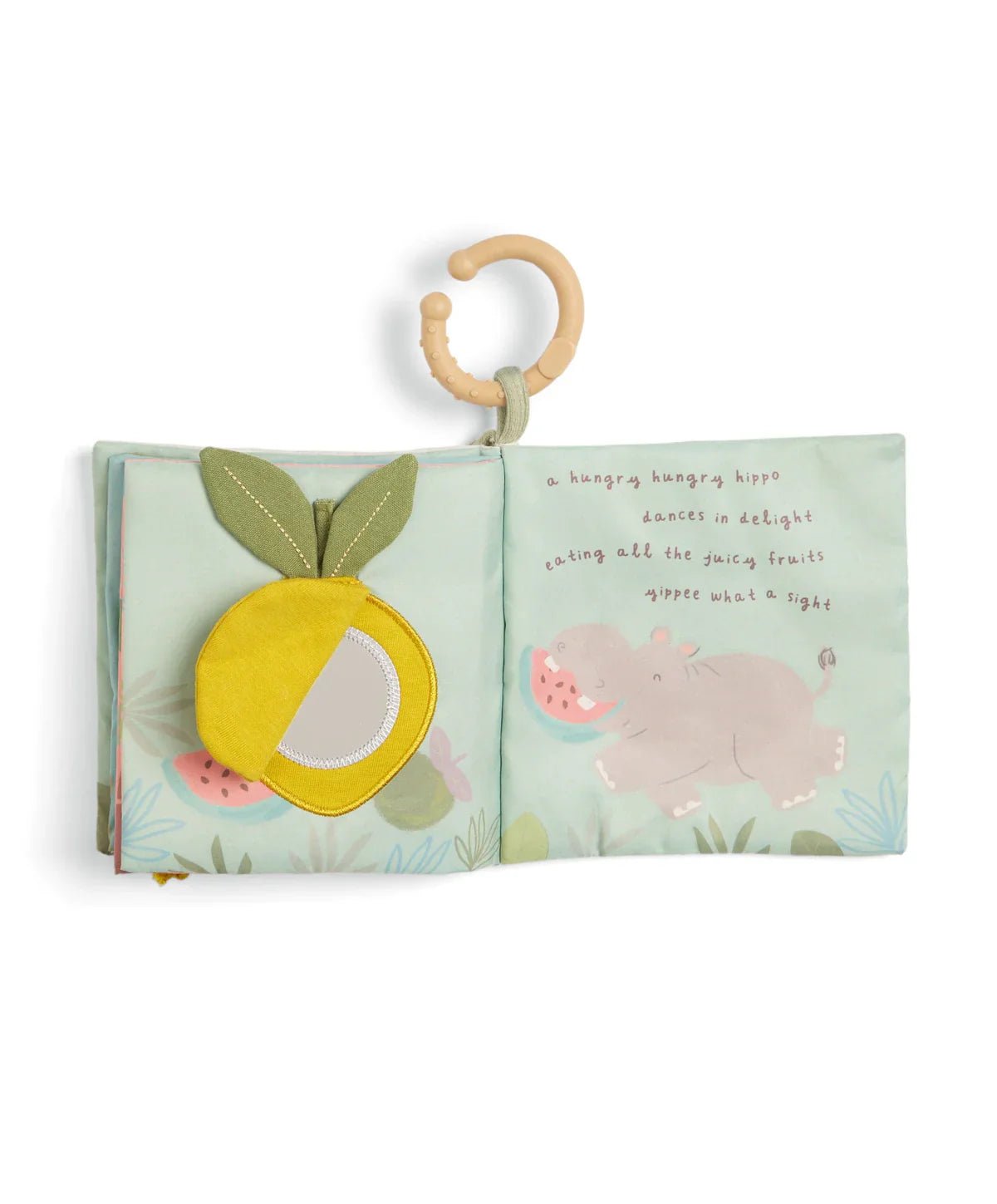 Cloth activity book open to duck and cloud scenes with felt fabric page detail