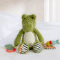 Plush green crocodile activity toy with striped feet, textured teether and hanging parts