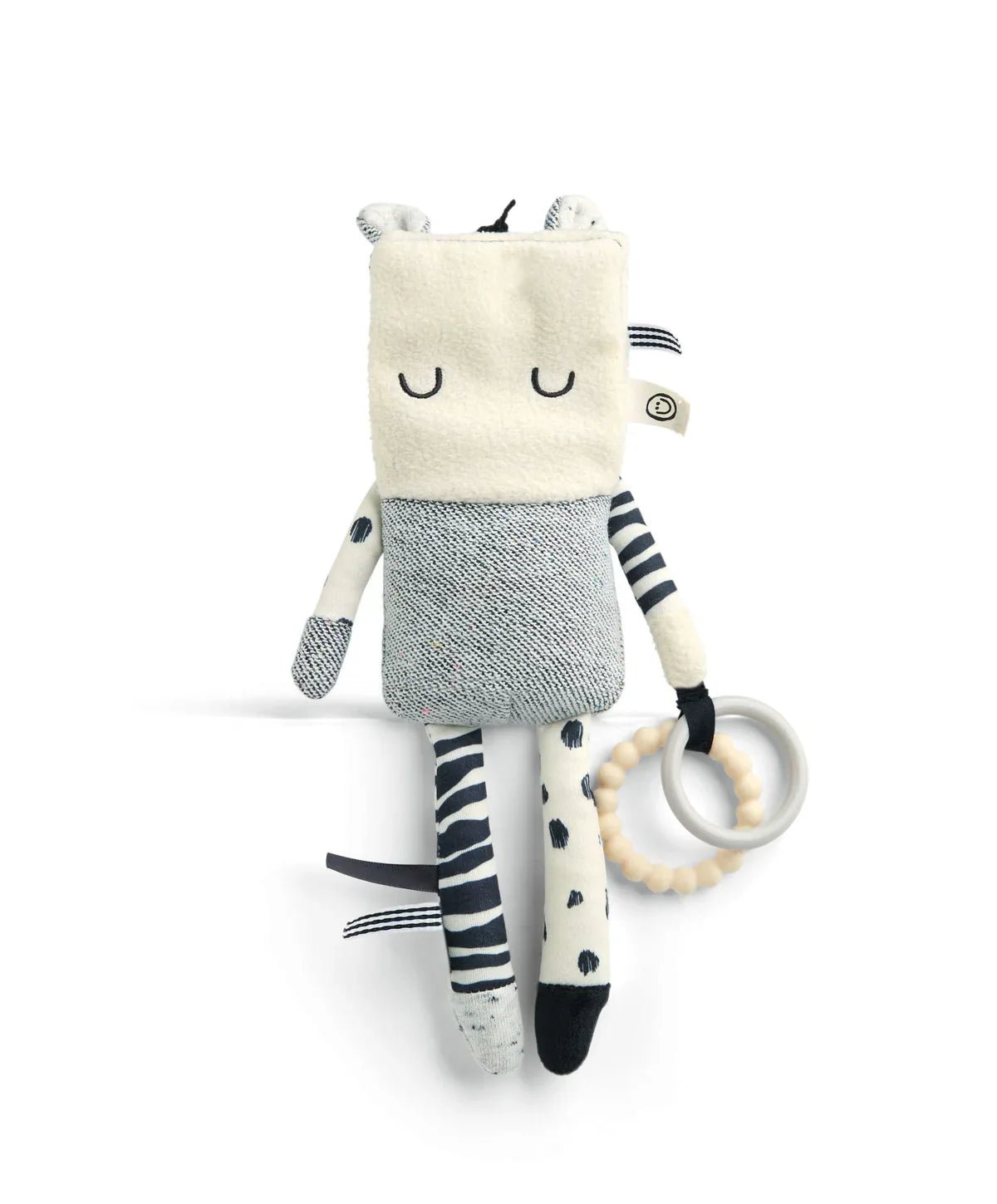 Plush zebra activity toy with striped legs, fabric face, and round ring teether