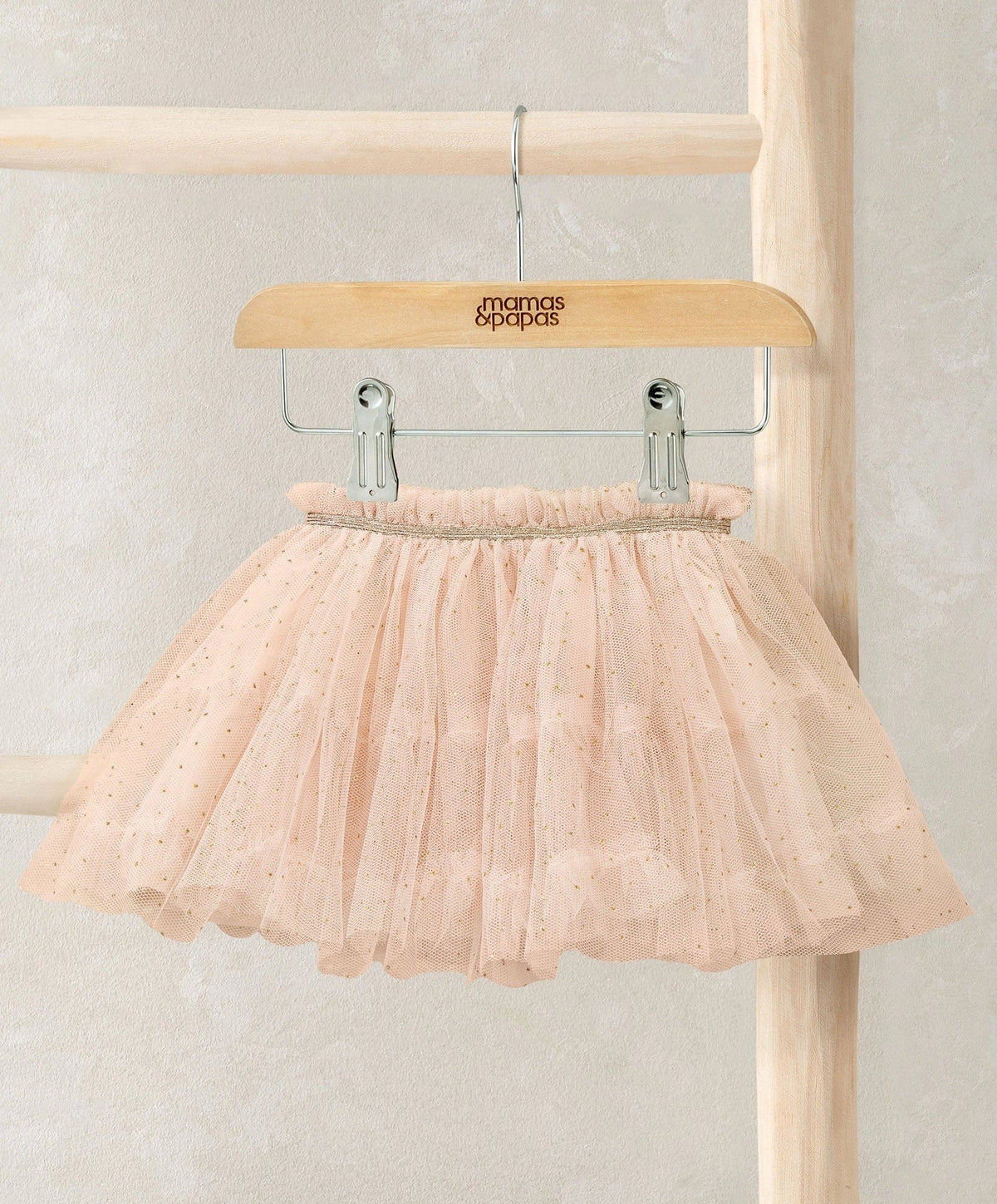 Pink sparkle mesh tutu skirt with metallic waistband and gathered tulle layers
