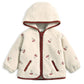 Cream hooded borg jacket with full zip, burgundy hood lining, cherry embroidery