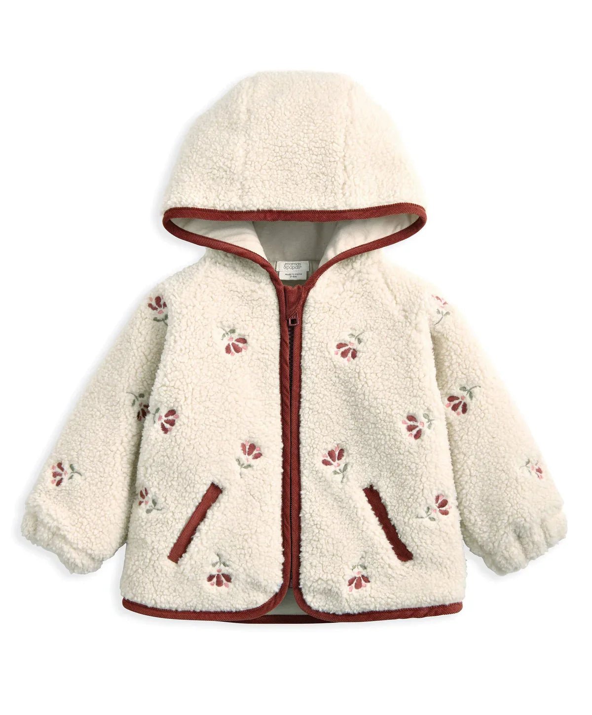 Cream hooded borg jacket with full zip, burgundy hood lining, cherry embroidery