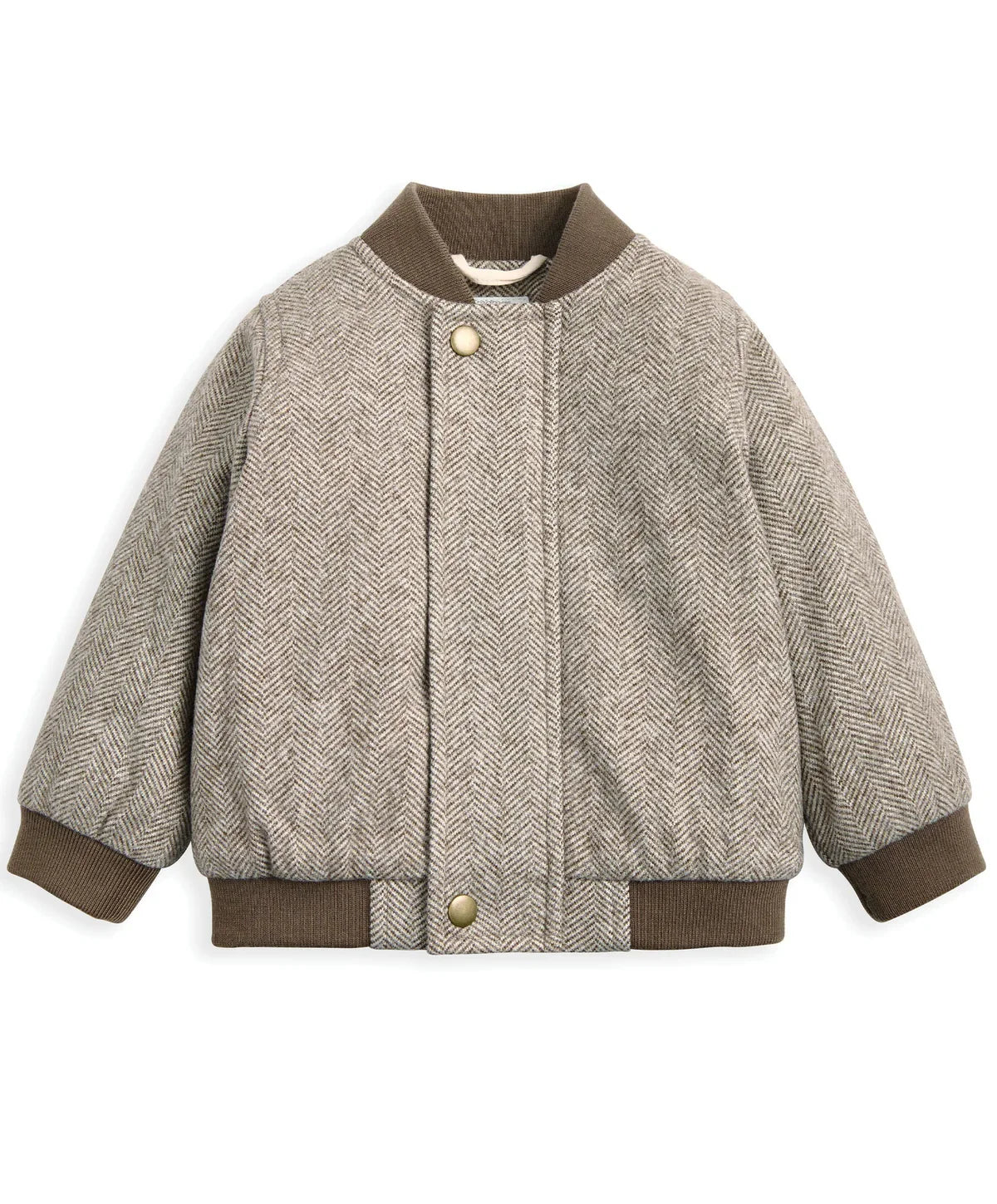 Herringbone bomber jacket in oatmeal with snap buttons, stand collar, and ribbed hems
