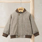 Oatmeal herringbone bomber jacket with ribbed collar, cuffs, and button-front placket