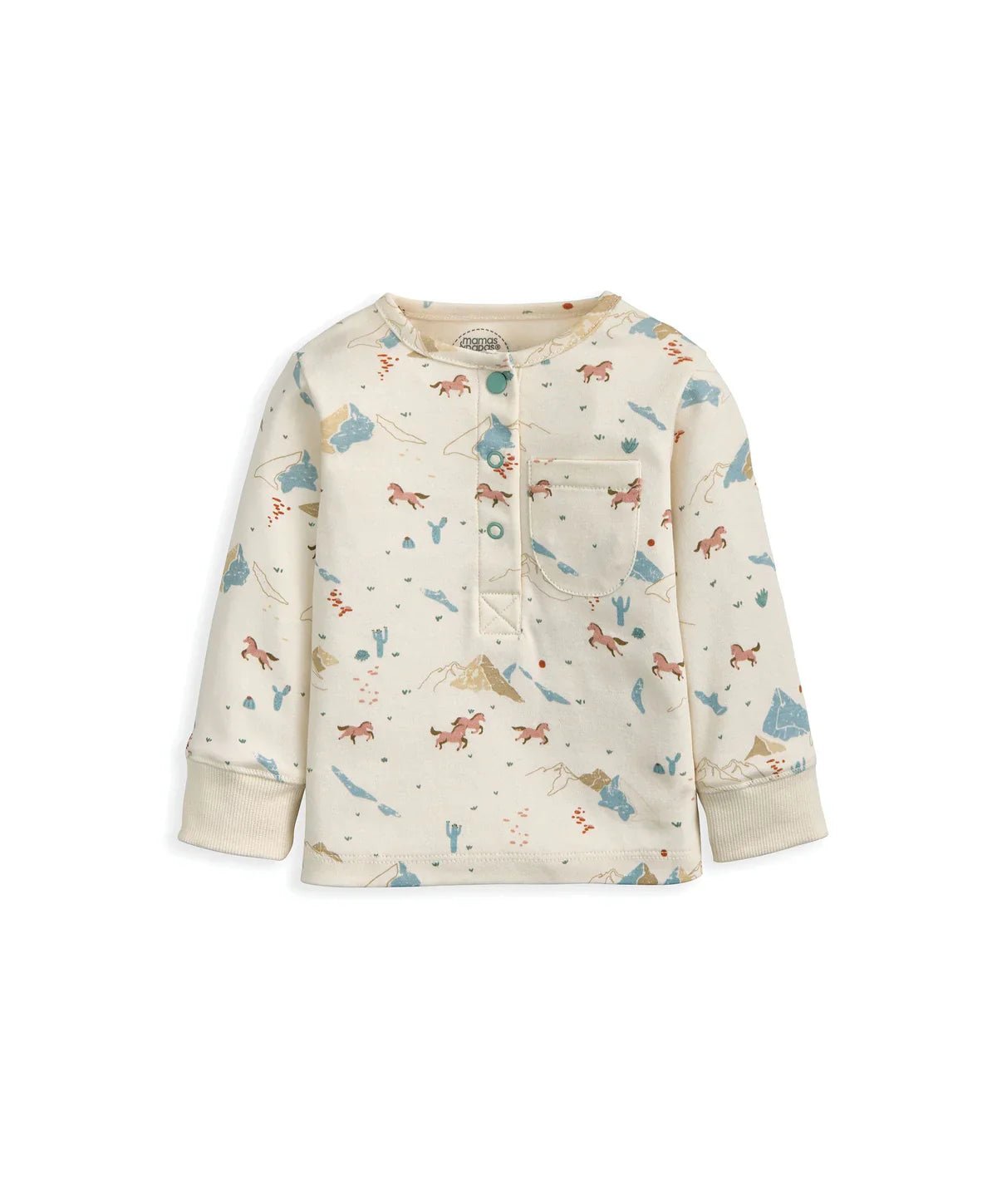 Cream pajama top with button front and rodeo animal print, long sleeves