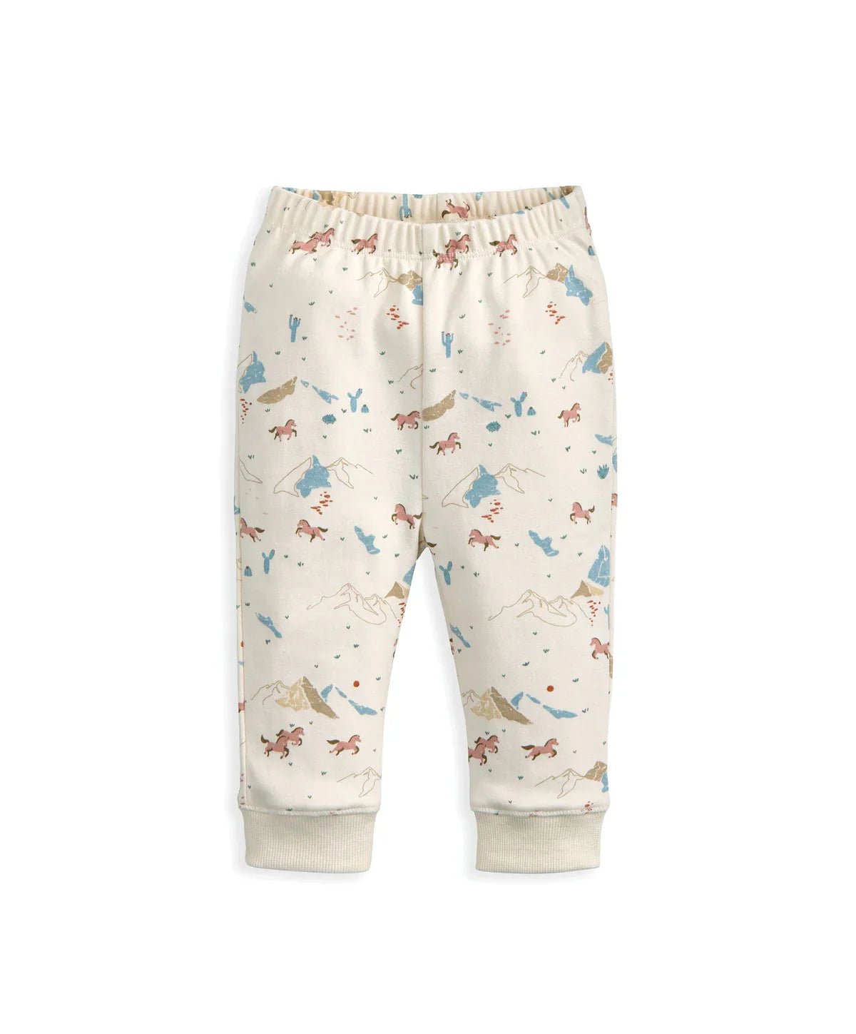 Cream pajama pants with elastic waist and rodeo animal print, cuffed ankles