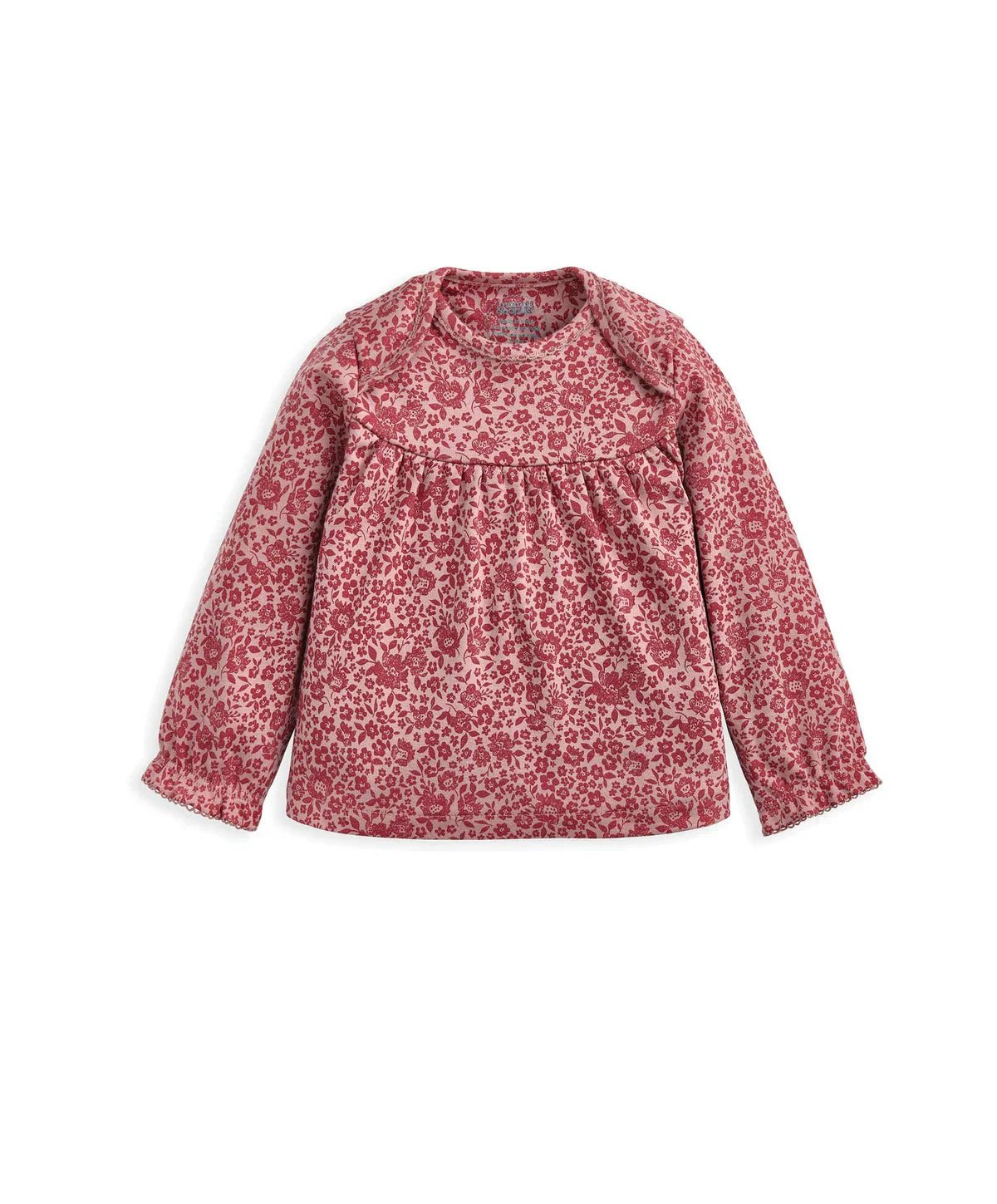 Pink floral pyjama top with long sleeves and gathered yoke