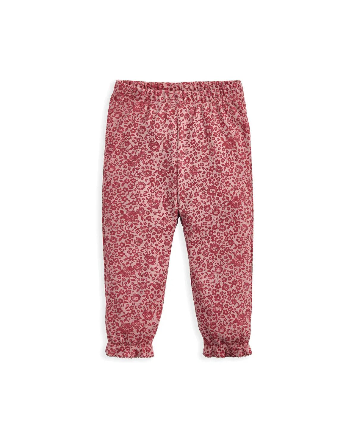 Pink floral pyjama pants with elastic waist and ankle cuffs