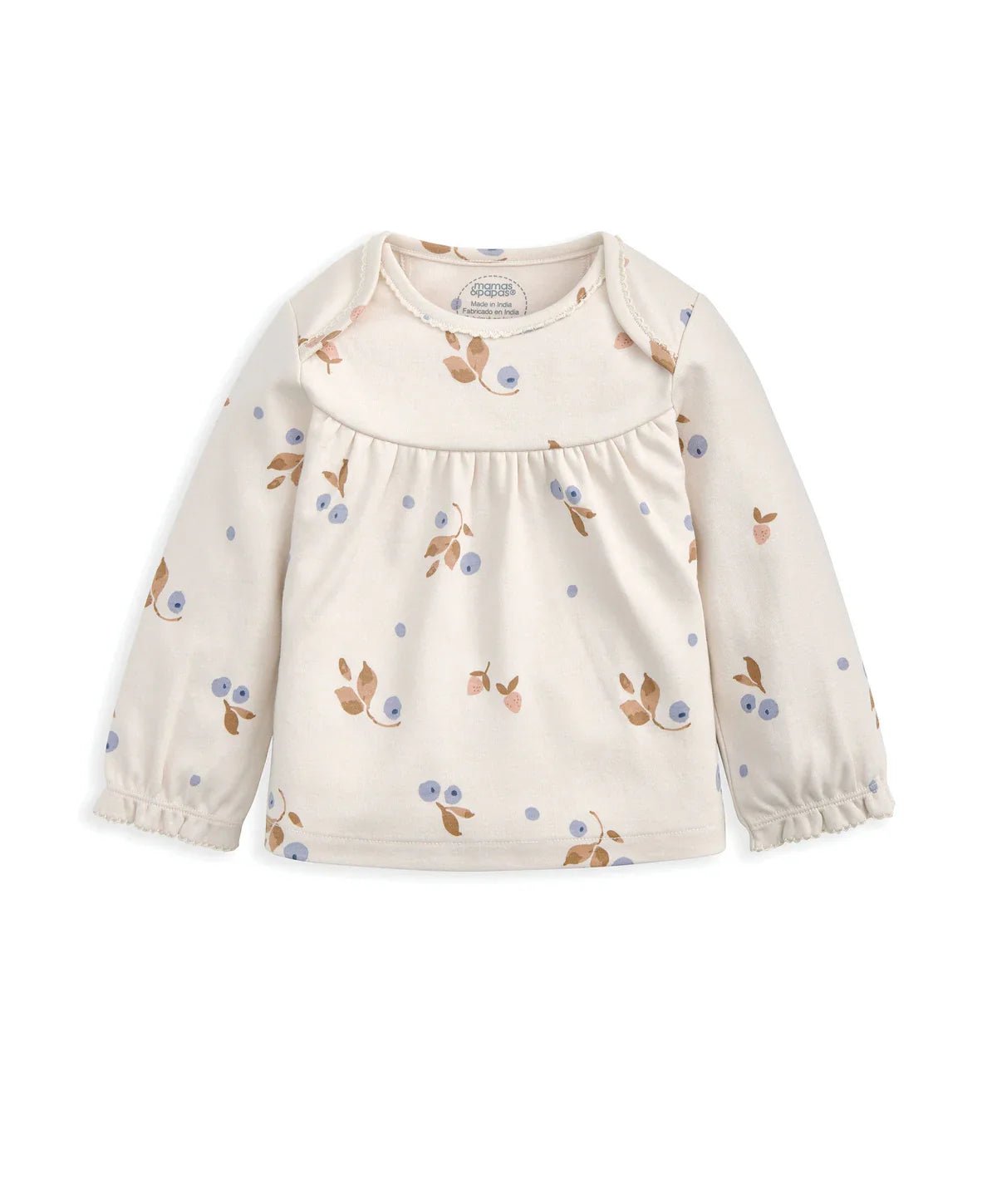 Berry print pyjama top, cream long sleeves with round neckline and gathered cuffs