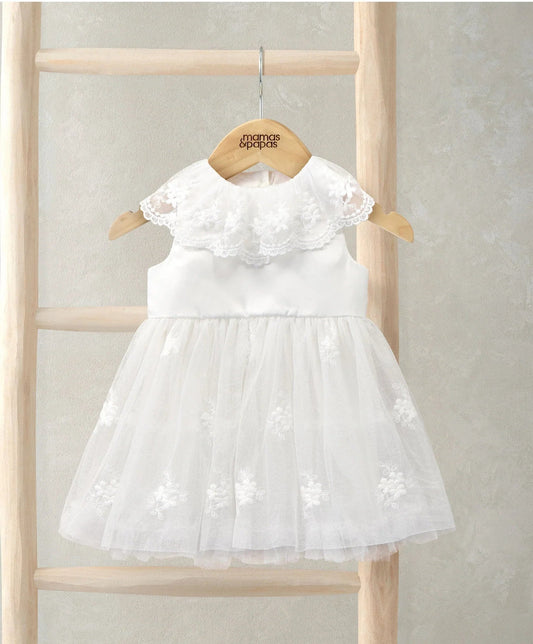 White mesh flower girl dress with lace cape collar and embroidered skirt