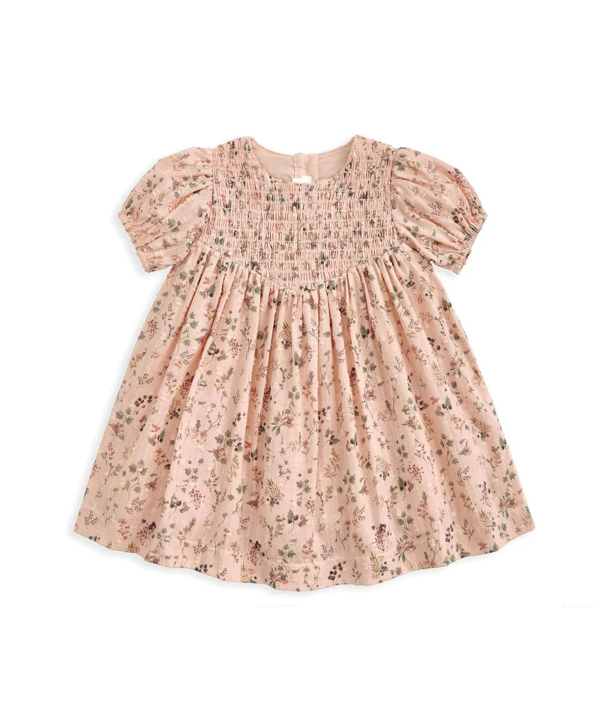 Pink ditsy floral dress with smocked yoke and puff sleeves, gathered skirt