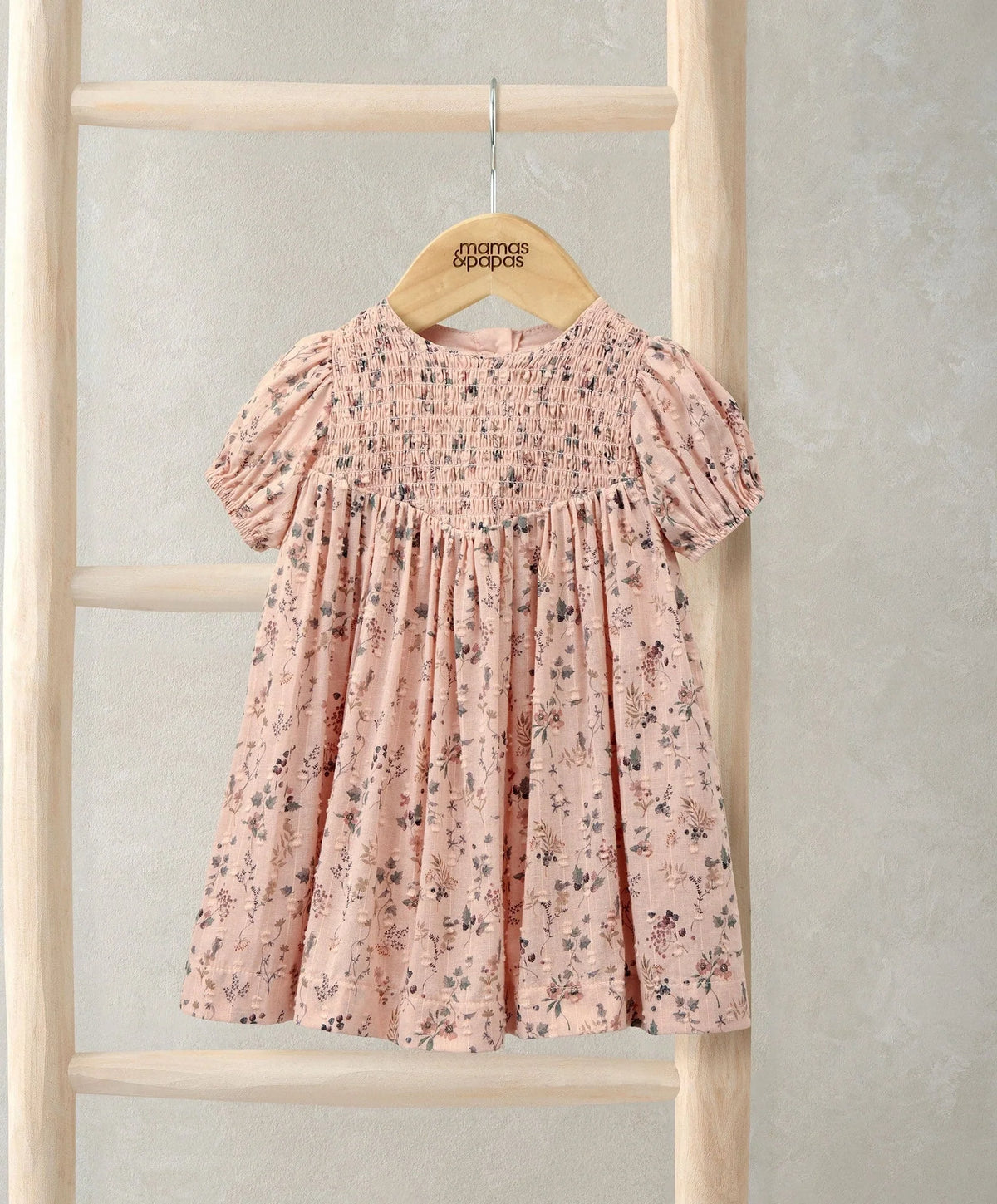 Pink ditsy floral dress with smocked yoke, puff sleeves and gathered skirt
