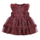 Dusty pink sleeveless tulle dress with frill neckline and layered ruffle hem