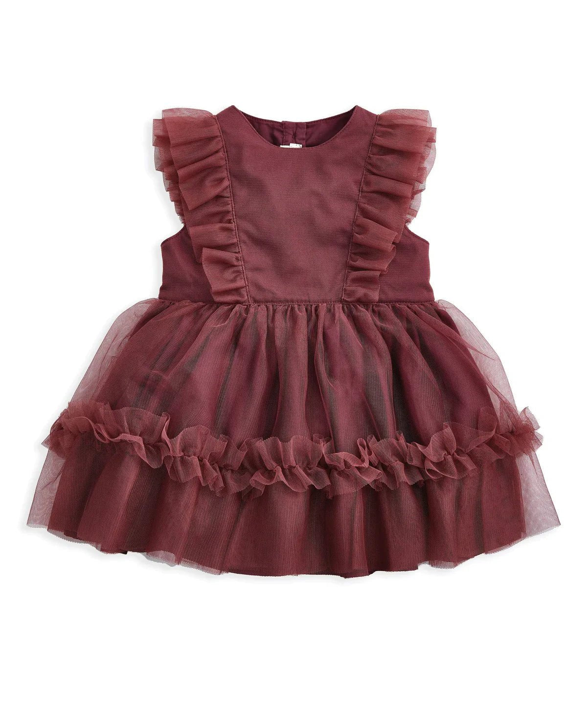 Dusty pink sleeveless tulle dress with frill neckline and layered ruffle hem