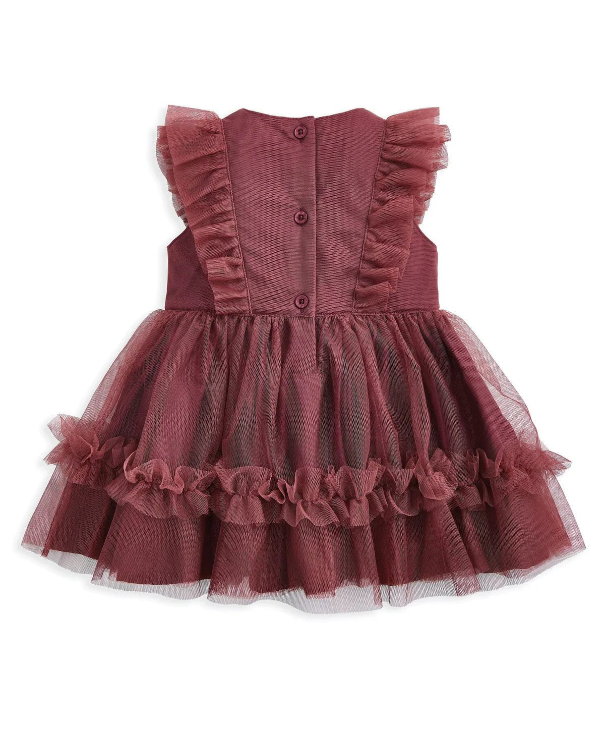 Dusty pink tulle dress with buttoned front bodice and tiered ruffle skirt