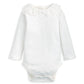 White embroidered Peter Pan collar long-sleeve bodysuit with ruffled neckline